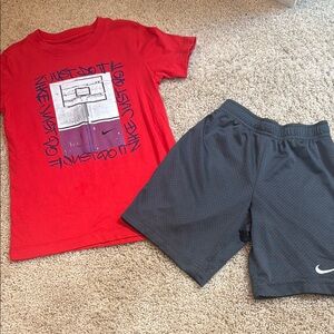 Bundle of Boys’ Nike Red Graphic Tee and Gray Shorts